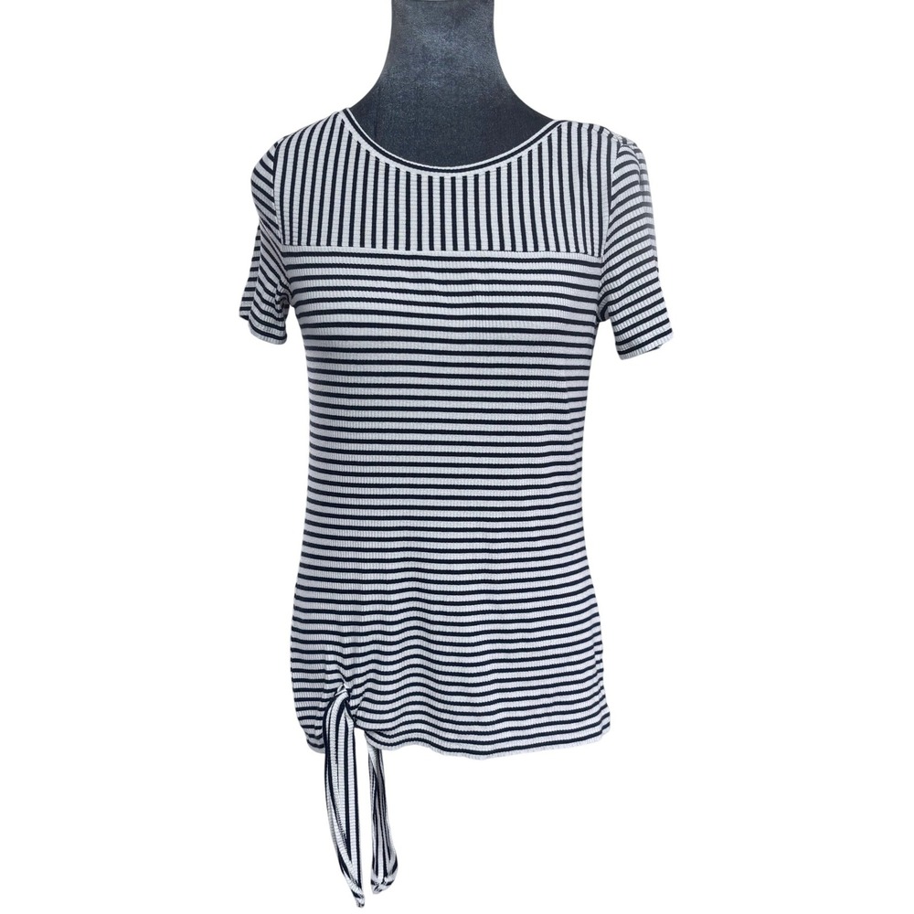 Talbots Petite P Parisian Black White Striped Ribbed Side Tie Short Sleeve Tee